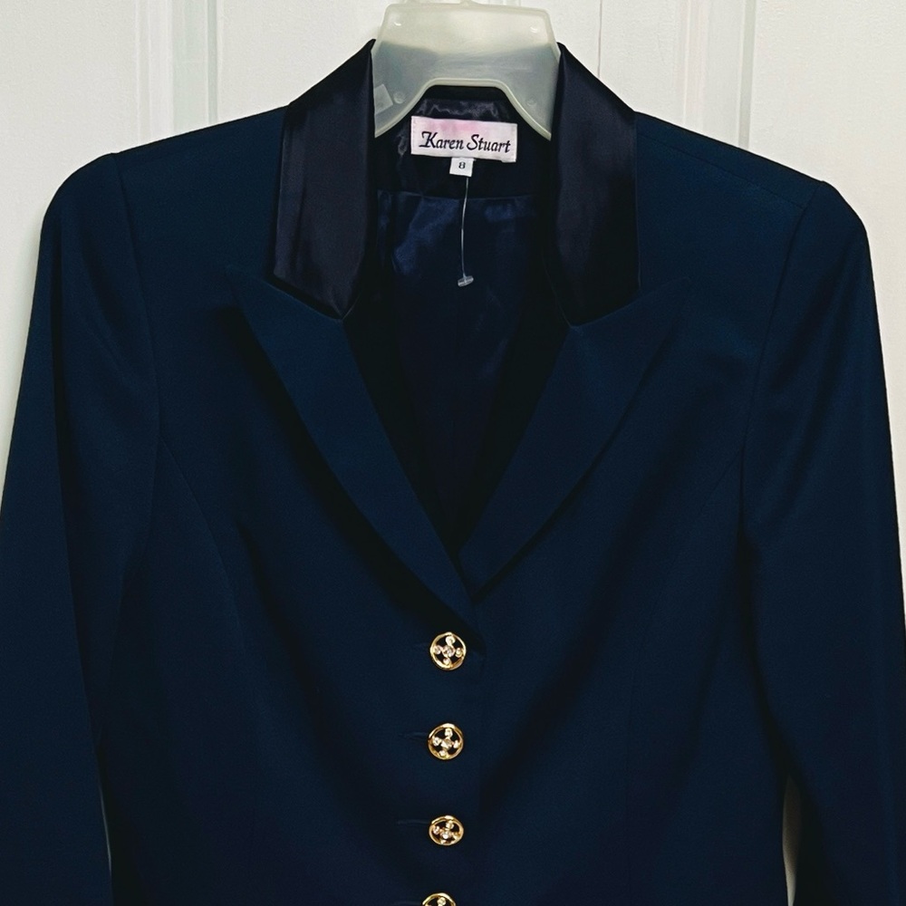 Vintage Karen Scott Women's Indigo Blazer with Black Satin Collar Size 8